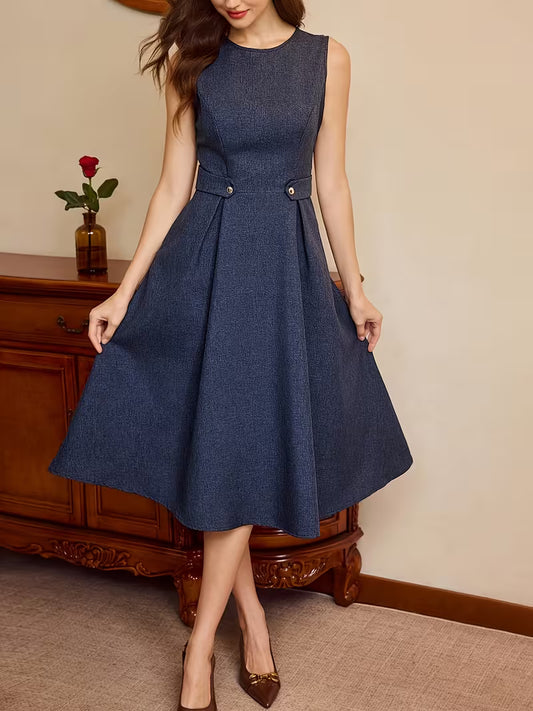Women'S Spring/Summer Elegant Sleeveless Round Neck Waist-Cinching A-Line Midi Dress, Business Casual Dress, Vacation, Suitable for Dating Outfits