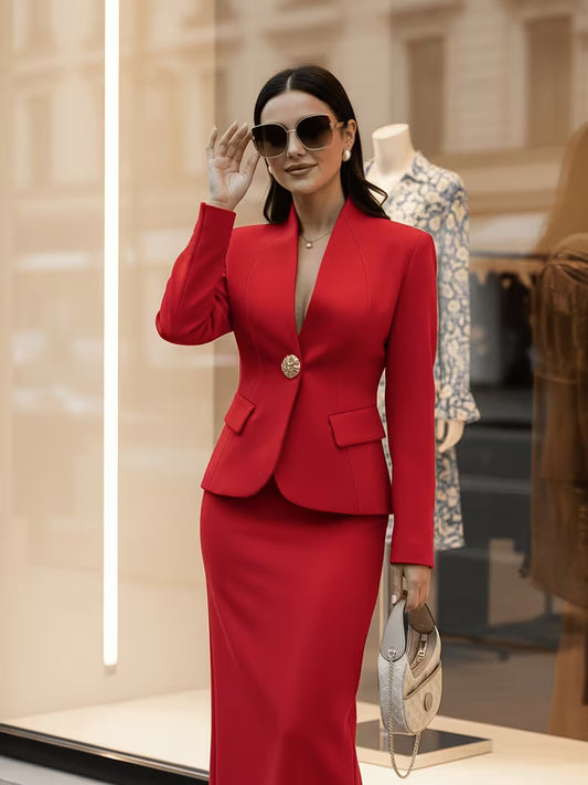 [Niannian] New Haute Couture Stand-Up Collar Large Metal Decorative Buckle Waist-Cinching Blazer with Lining And Pockets, And -Hugging Back-Slit A-Line Skirt, Fashionable Commuter Two-Piece Set
